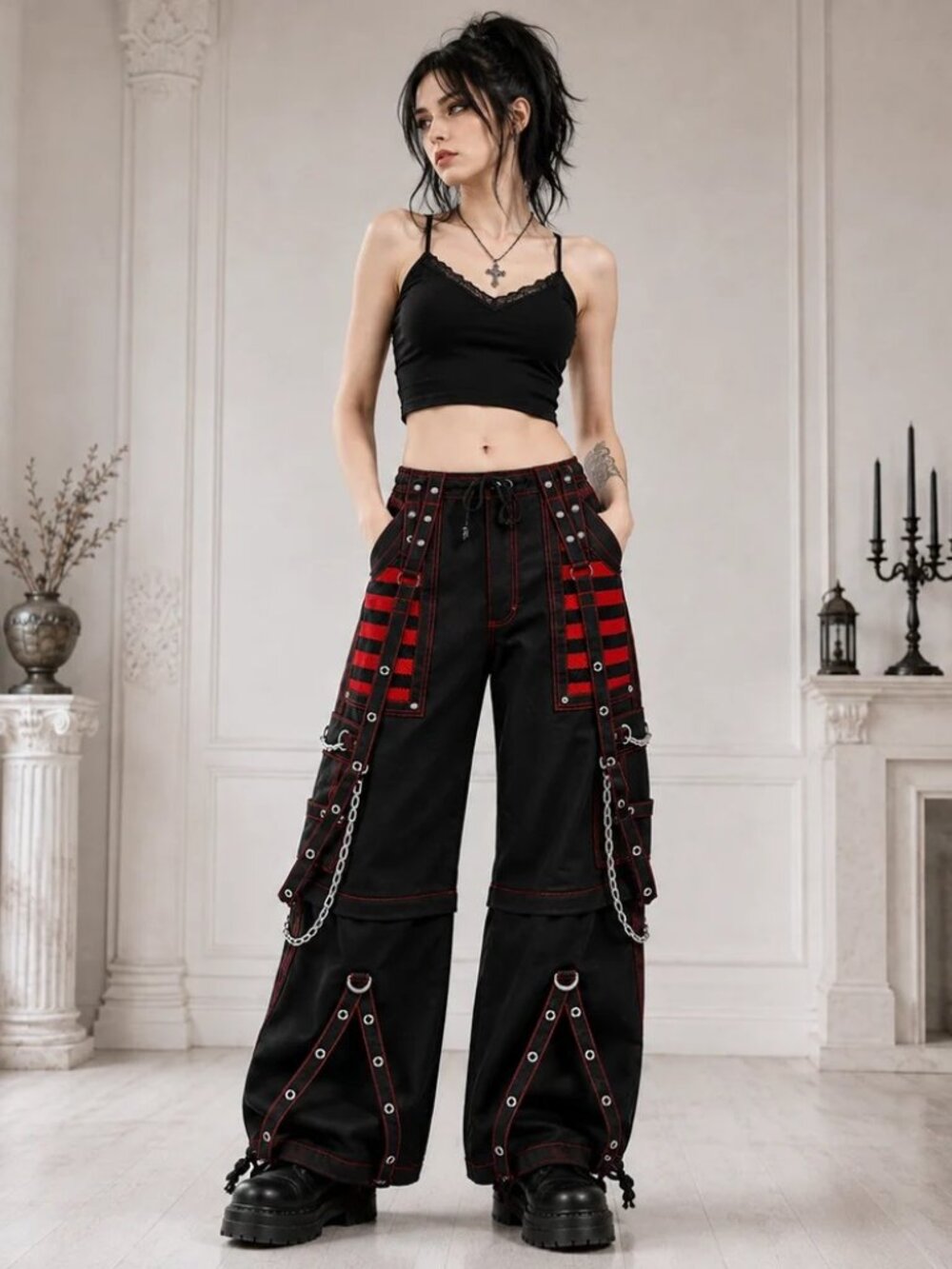 Gothic Extreme Bondage Skater Red & Black Punk Rocker Cyber Steampunk Pant